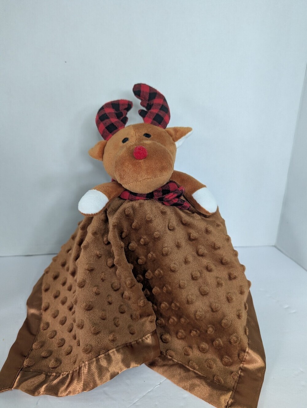 Brown Plush Reindeer Lovey Blanket with Plaid Antlers, Minky
